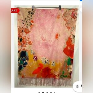Floral Pink and Yellow Fringed Cashmere Blend Scarf! NEW!